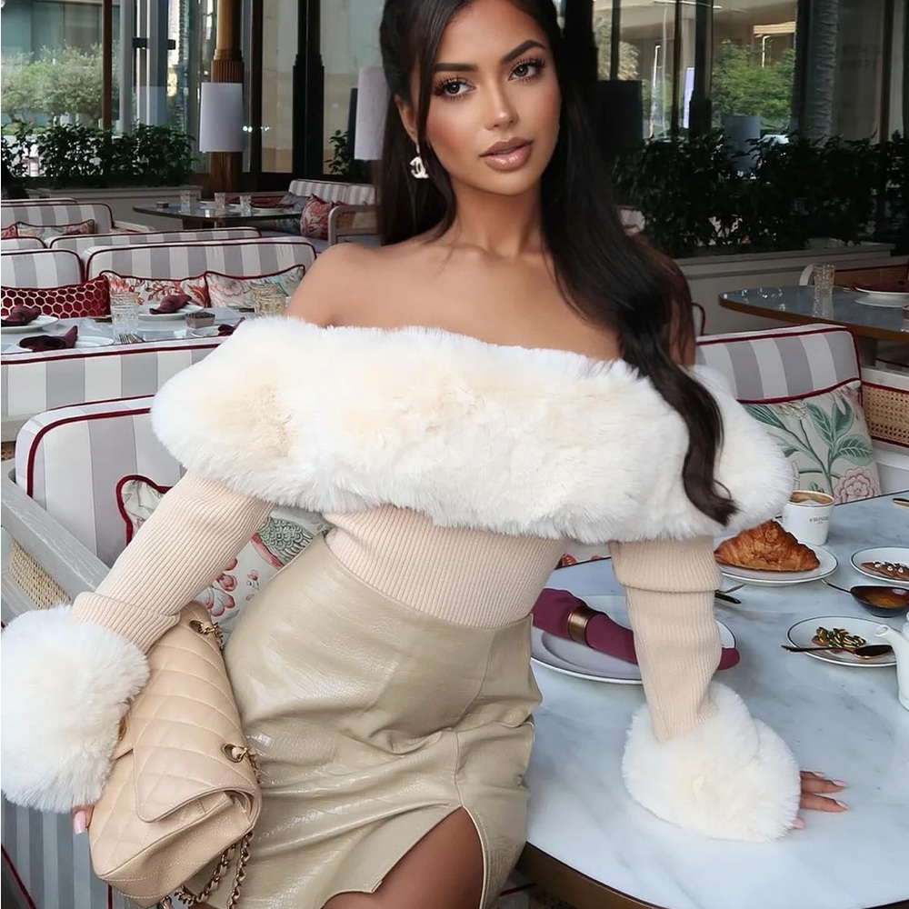Off-Shoulder Cream Faux-Fur Trim Sweater